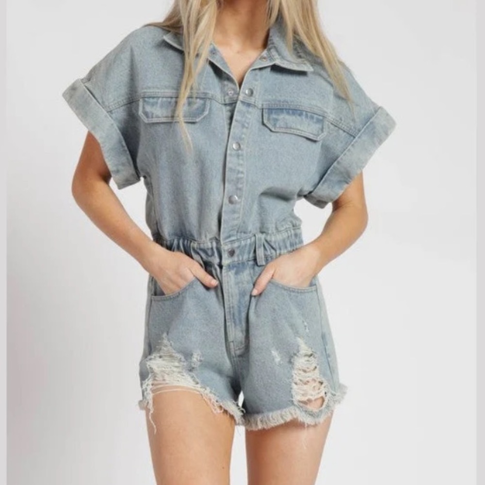 Light Blue Denim Romper Jumpsuit with Distressed Hem